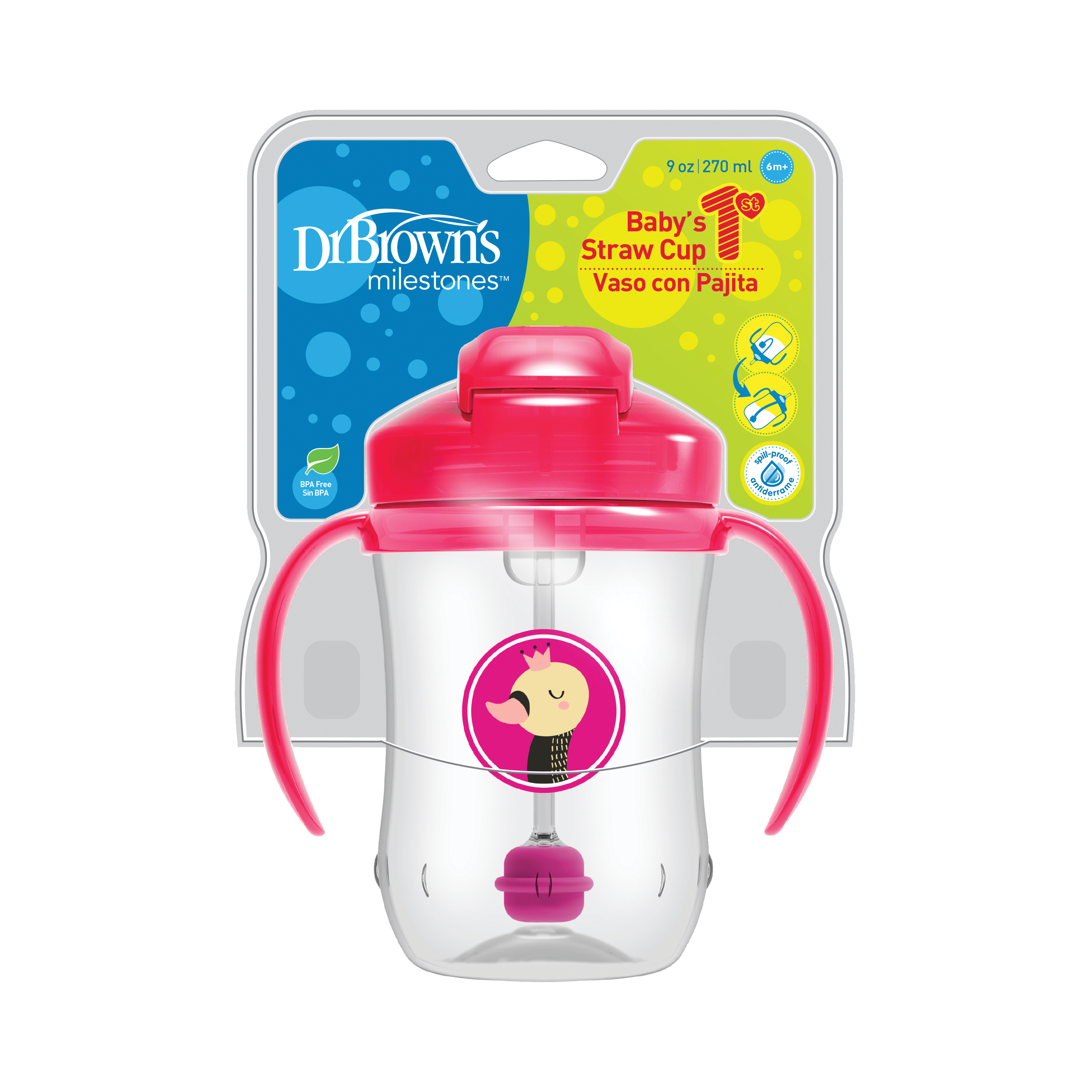 Dr. Brown’s Baby’s First Straw Cup Κύπελλο με Εύπλαστο Καλαμάκι Ροζ 6m+ 270ml