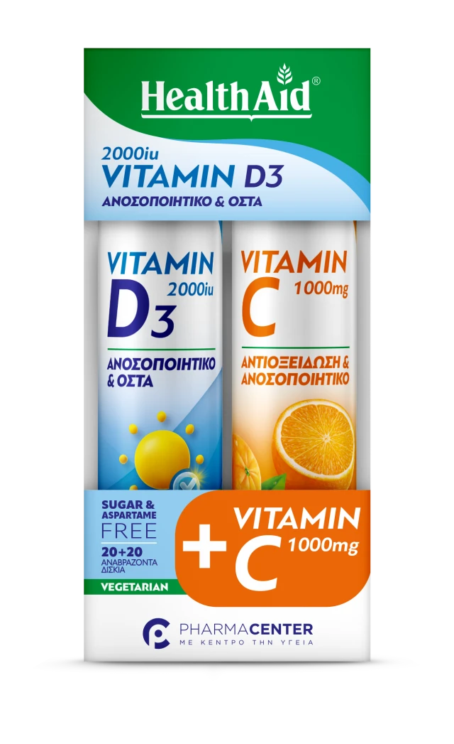 Health Aid Promo Vitamin D3 2000iu 20Αναβράζοντα Δισκία & Vitamin C 1000mg 20Αναβράζοντα Δισκία