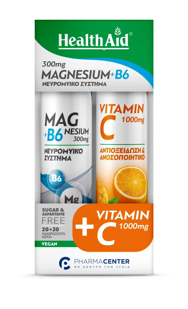Health Aid Promo Magnesium & B6 300mg 20Αναβράζοντα Δισκία & Vitamin C 1000mg 20Αναβράζοντα Δισκία