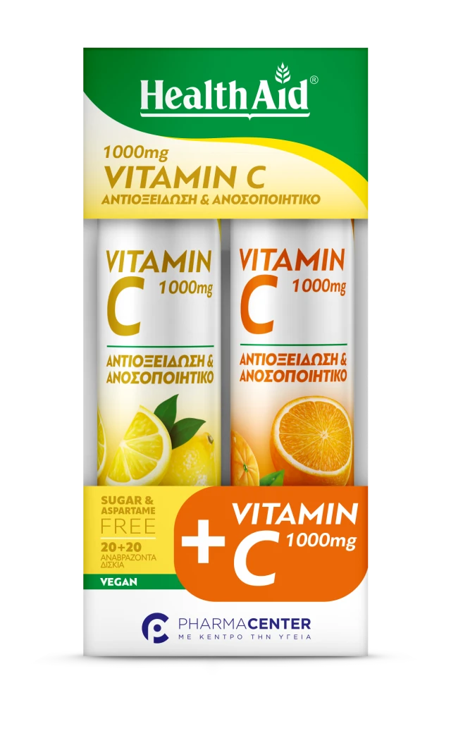 Health Aid Promo Vitamin C 1000mg με Γεύση Λεμόνι & Vitamin C 1000mg με Γεύση Πορτοκάλι 2x20Αναβράζουσες Ταμπλέτες