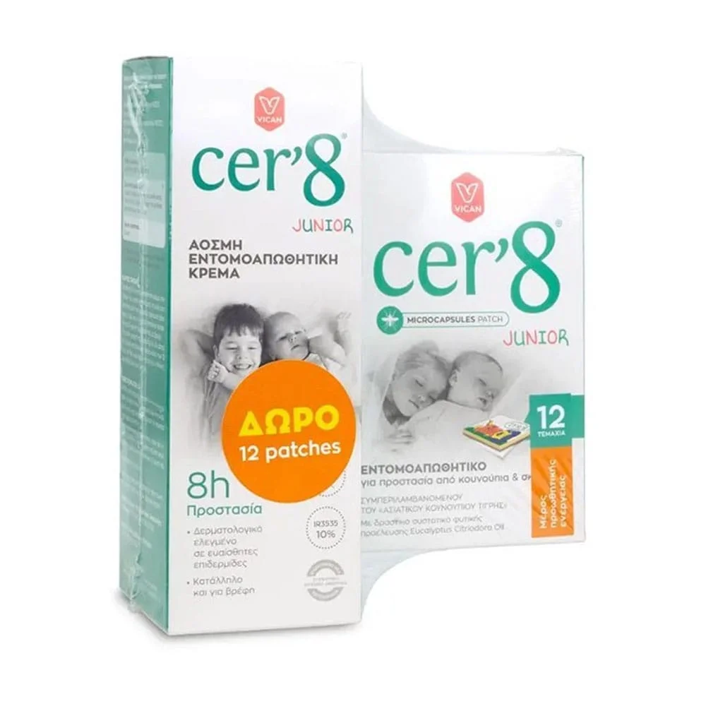 Vican Cer’8 Promo Anti Mosquito Cream Junior Odorless 150ml & Microcapsules Patch 12Τεμάχια