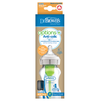 Dr. Brown’s Natural Flow Options+ Γυάλινο Μπιμπερό Με Φαρδύ Λαιμό & Θηλή Σιλικόνης 0m+ 270ml